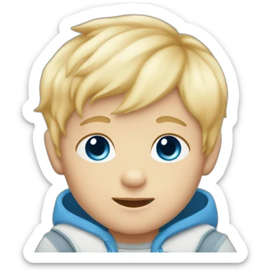 Baby boy with blond hair and blue eyes and a fox plush sticker