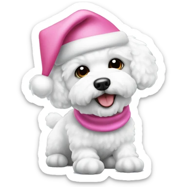 White bichon dog wearing a pink Santa hat sticker