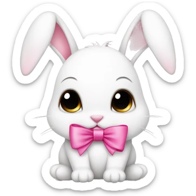 cute coquette cute white bunny with a pink ribbon on its right ear sticker