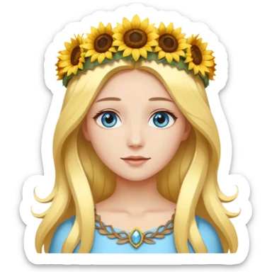 portrait woman long blonde hair blue eyes white skin wearing sunflower halo crown sticker