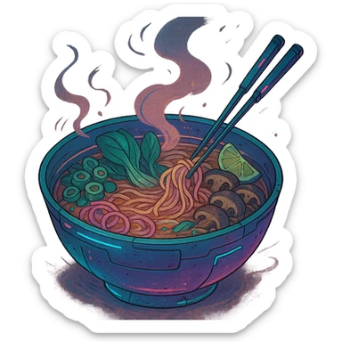 cyberpunk futuristic, scifi, a bowl of delicious VEGAN pho, ramen, piping hot sticker
