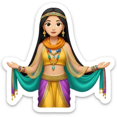 Mujer joven, morena, 
Negro, largo y brillante, suele ir cubierto parcialmente por un velo o pañuelo oriental.inspiración árabe: túnica colorida , con detalles dorados o lentejuelas; brazaletes y pendientes.cuerpo entero sticker