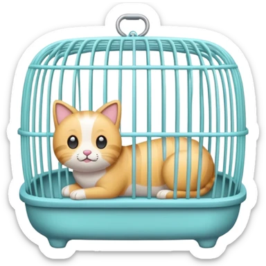 A cute emoji-style empty pet cage — cartoon look, rounded design, pastel colors, with vertical bars and a small handle on top. The cage is completely empty inside. No animals, no cats, no creatures — just the cage sticker