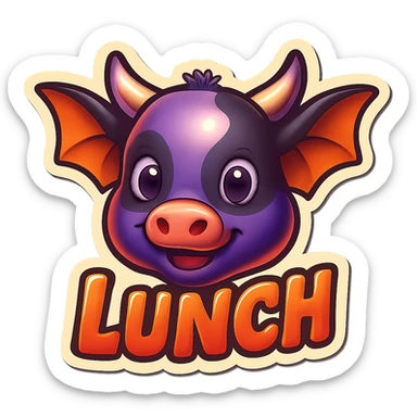 Add the word 'lunch' in bold, playful text near the cow-bat hybrid emoji. Keep the same style and colors as the reference image. Ensure high visibility suitable for Discord and Slack. No background (transparent). sticker