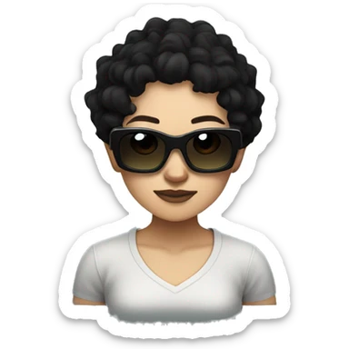 an asian woman with curly dark hair with creeper minecraft sunglasses and nose piercing in black t-shirt sticker