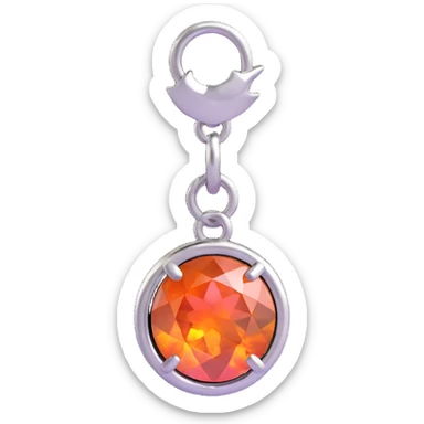 extreme close-up of a round cut pink fire opal charm with intense iridescent pink and orange colors, silver setting and silver jump ring sticker