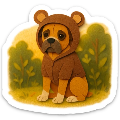 perro bóxer sentado, mirada tierna, buzo con capucha de orejas de osito marrón, iluminación golden hour, entorno natural con follaje, paper craft style sticker