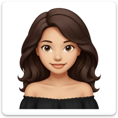 modern clean emoji of a young woman with medium skin tone, long wavy dark brown hair, wearing a black off-shoulder top, soft friendly smile, expressive eyes, warm charming style, relaxed confident vibe, neutral light color or soft gradient background sticker
