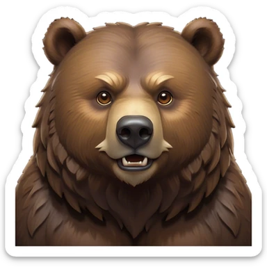 Cinematic Noble Grizzly Bear Portrait Emoji, Poised and regal, with a massive, powerful build and a thick, rugged deep brown fur, piercing deep-set soulful eyes, Simplified yet sharp and sophisticated features, highly detailed, glowing with a soft, dignified glow, high shine, intelligent and formidable, stylized with an air of untamed wilderness, focused and attentive, soft glowing outline, capturing the essence of a watchful and commanding guardian, so majestic it feels as though it could lumber out of the screen with effortless authority! sticker