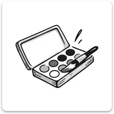 A watercolor paint box with paintbrush and color wells in pastel colors (dd9fb0, ffc6d3, a3bfc9, c4bee2, f1b091), hand-drawn doodle style sticker