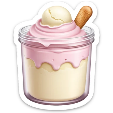 ultra realistic round single scoop of vanilla bean ice cream in light pink short jar sticker