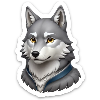 cinematic-noble-wolf-portrait-emoji,-poised-and-regal,-with-a-strong,-lean-build-and-a-sleek,-well-groomed-fur-of-grey-and-white,-deep-set-soulful-piercing-eyes,-simplified-yet-sharp-and-sophisticated-features,-highly-detailed,-full-body, zoomed out showing shoulders sticker