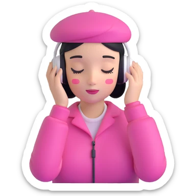 girl wearing a pink beret and AirPods Max headphones, listening to music with closed eyes sticker