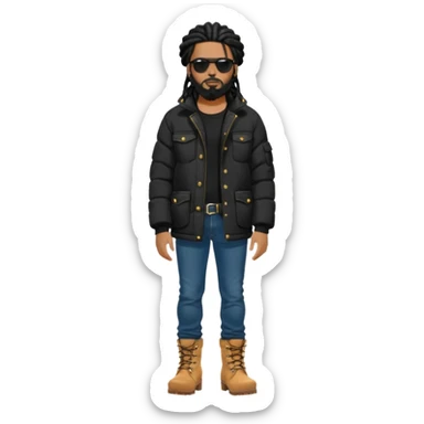 African American man with shoulder length black dreadlocks with black beard wearing black sunglasses wearing a black bubble winter coat wearing denim skinny jeans wearing wheat timberland boots standing up thinking sticker
