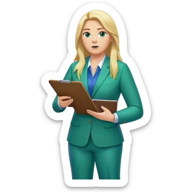 Full Body white plus size female basketball head coach coaching using a clipboard with long blonde hair in a blue and green suit sticker