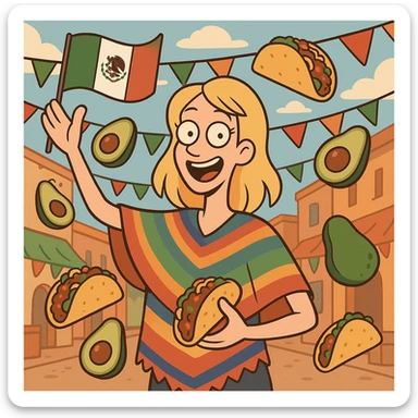 playful cartoon of a tall blonde woman wearing a colorful poncho, smiling, holding a taco and an avocado, waving a Mexico flag, surrounded by tacos and avocados, street party scene sticker