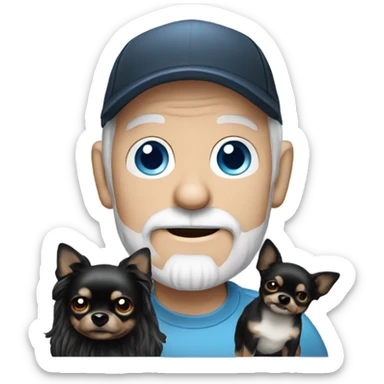 Old man with blue eyes goatee beard ball cap holding black Chihuahua long hair sticker