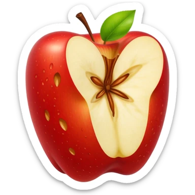 an apple core with visible seeds and a cartoonish look sticker