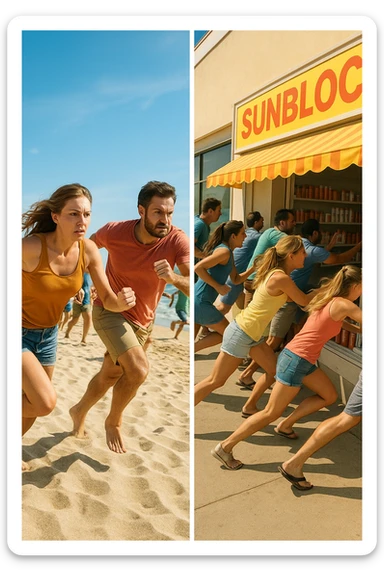 tante persone che corrono a comprare le creme solari in italiano realistiche sticker