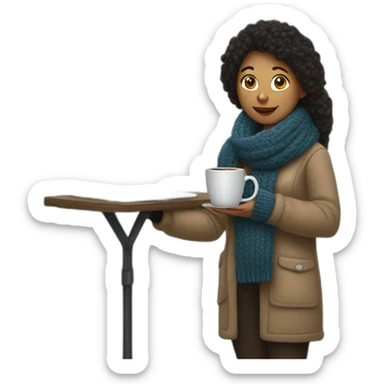 long straigh woolly shirt and black woolly scarf and holding a closed laptop on her left hand and a coffee mug on her right hand not full body shot sticker