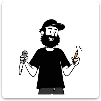 mature hip-hop artist with full beard wearing backwards baseball cap, happy expression, holding mic in left hand and pencil in right hand sticker