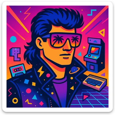 retro-futuristic 80s male portrait with classic mullet hairstyle with neon blue highlights, face half-hidden by bright airbrushed sunglasses with pink to purple gradient reflecting palms and sunset, leather jacket with raised collar airbrushed with lightning and cosmic motifs, Memphis Design geometry, energetic neon gradient background with perspective grid, laser beams, details like cassettes, arcade games, Commodore 64, electric blue, fuchsia, turquoise, ultraviolet colors sticker