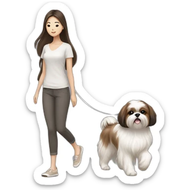 a asian girl with long brown hair walking with a white and brown shih tzu sticker