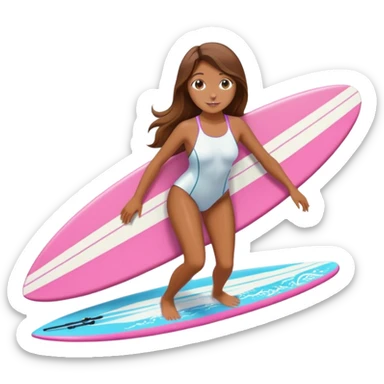 Girl with long brown hair surfing at pink short board in the white swimsuit  sticker