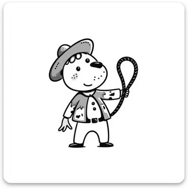 A hand-drawn plush baby cowboy toy with a lasso and cute freckles sticker