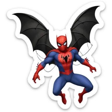 fusion of Batman and Spiderman, superhero mashup, swinging through the city, bat wings and spider web, no text sticker