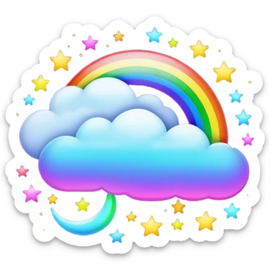 Neon rainbow moon with stars and clouds  sticker