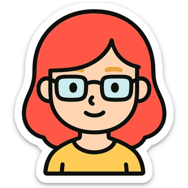 A red-haired girl with blond eyebrows and square glasses sticker