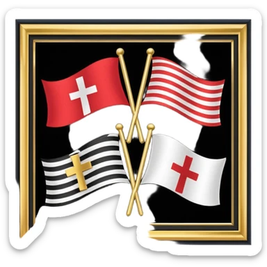 Flags: There are four flags, two on the top and two on the bottom, in the black and gold (yellow) quarters. Each flag features a gold cross symbol, likely a Coptic cross, on a black and yellow background with horizontal stripes. sticker