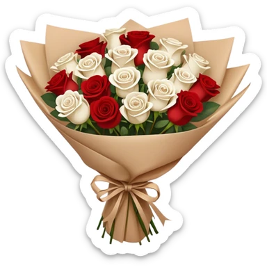 white and red roses bouquet in brown paper sticker
