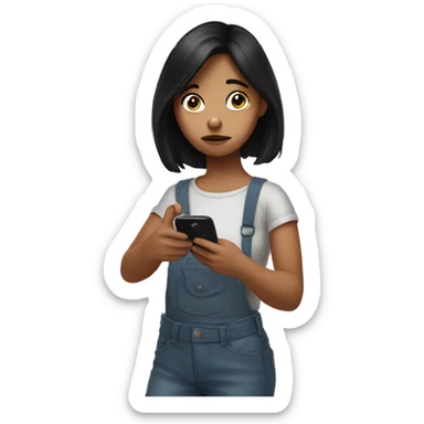 A girl with a sad face and dark hair holds a phone in her hand and presses it with her finger  sticker
