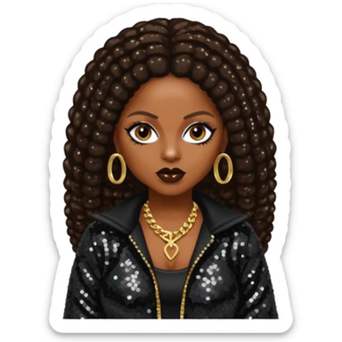 Foxy Brown, Rapper with dark brown hair, black sequin outfit sticker