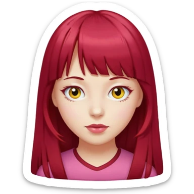 Menina com cabelos longos vermelho Cherry, liso com franja,olho direito ROSA e olho esquerdo amarelo,pele clara  sticker