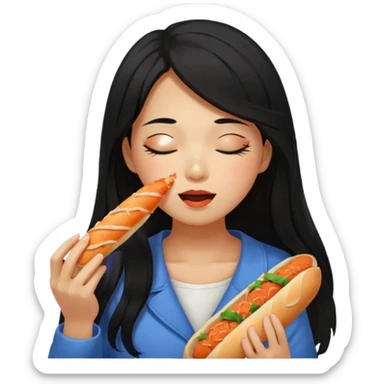 Girl black long hair eat kimchi close eyes baguette sticker