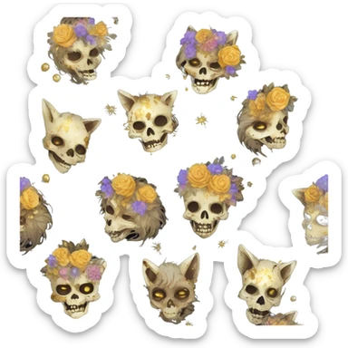 iridescent kintsugi fluffy zombie black brown gold dog fox head zombie skeleton gold mechanical nebula galaxy stars colorful flowers fairy lights vintage zombie sticker
