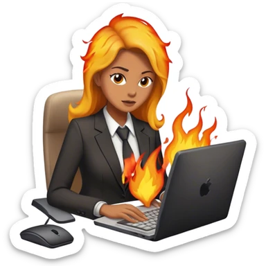 Woman at work on computer on fire sticker