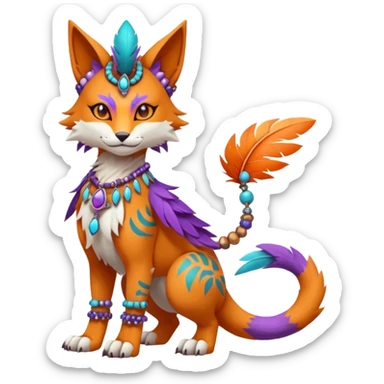 Kawaii cute orange purple turquoise exotic tribal beautiful pretty elegant divine edgy feline-vernid-sergal-Fakémon-Pokémon-Digimon-fursona-animal-creature with bracelet, necklace, full body, with intricate detailed markings, feather headdress  sticker