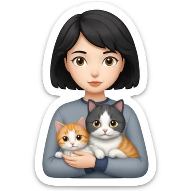 wavy black haired girl with a short haitcut holding a british cat sticker