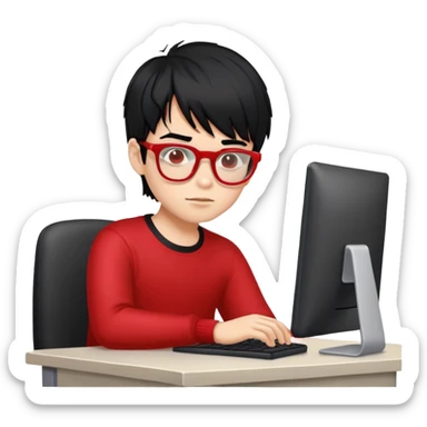 мальчик в красных очках с черной прической и челкой уложенной в левый бок вверх сидит за компьютером sticker
