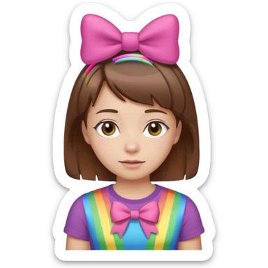 girl with short brown hair wearing a rainbow t-shirt with pink bows in her hair sticker