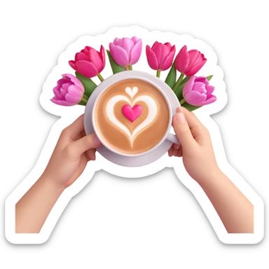 coffee cup with heart latte art, held by hands, pink tulip flowers arranged behind, soft pink watercolor background sticker