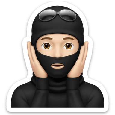 man in black balaclava with no eyes and mouth covers his ears sticker
