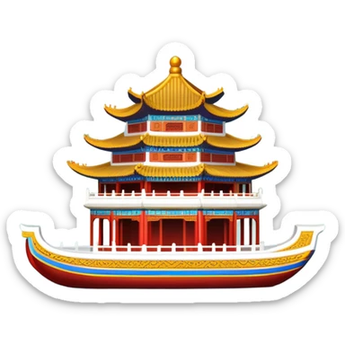 Summer Palace Beijing with marble boat, simplified emoji style with bold outlines and bright colors, cartoon style traditional Chinese palace on lake sticker