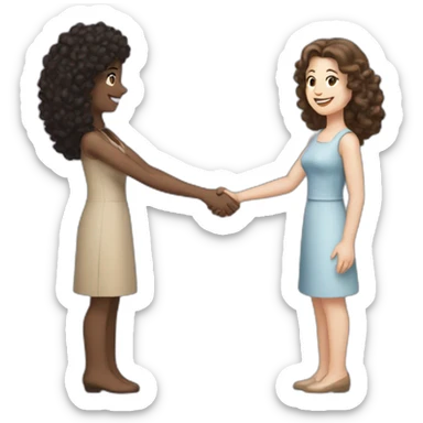 mid-sized pale woman with straight brown hair shakes hands with a tan mid-sized woman with black curly hair sticker