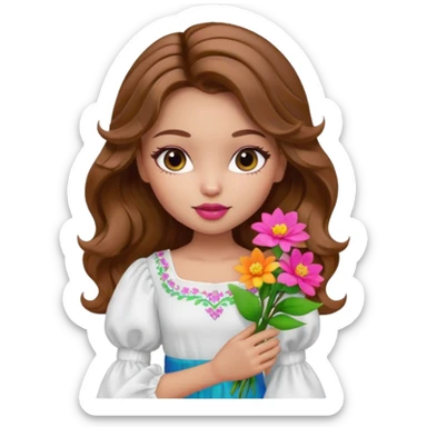 generate a pretty bratz girl with in a white puff sleeve top.  light lipgloss on . Brown wavy hair long. carrying flowers  sticker