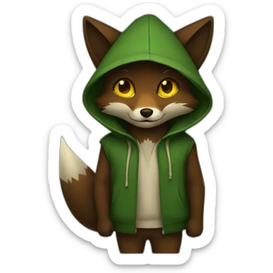 small dark brown fox with yellow eyes and a dark green hood that smile sticker